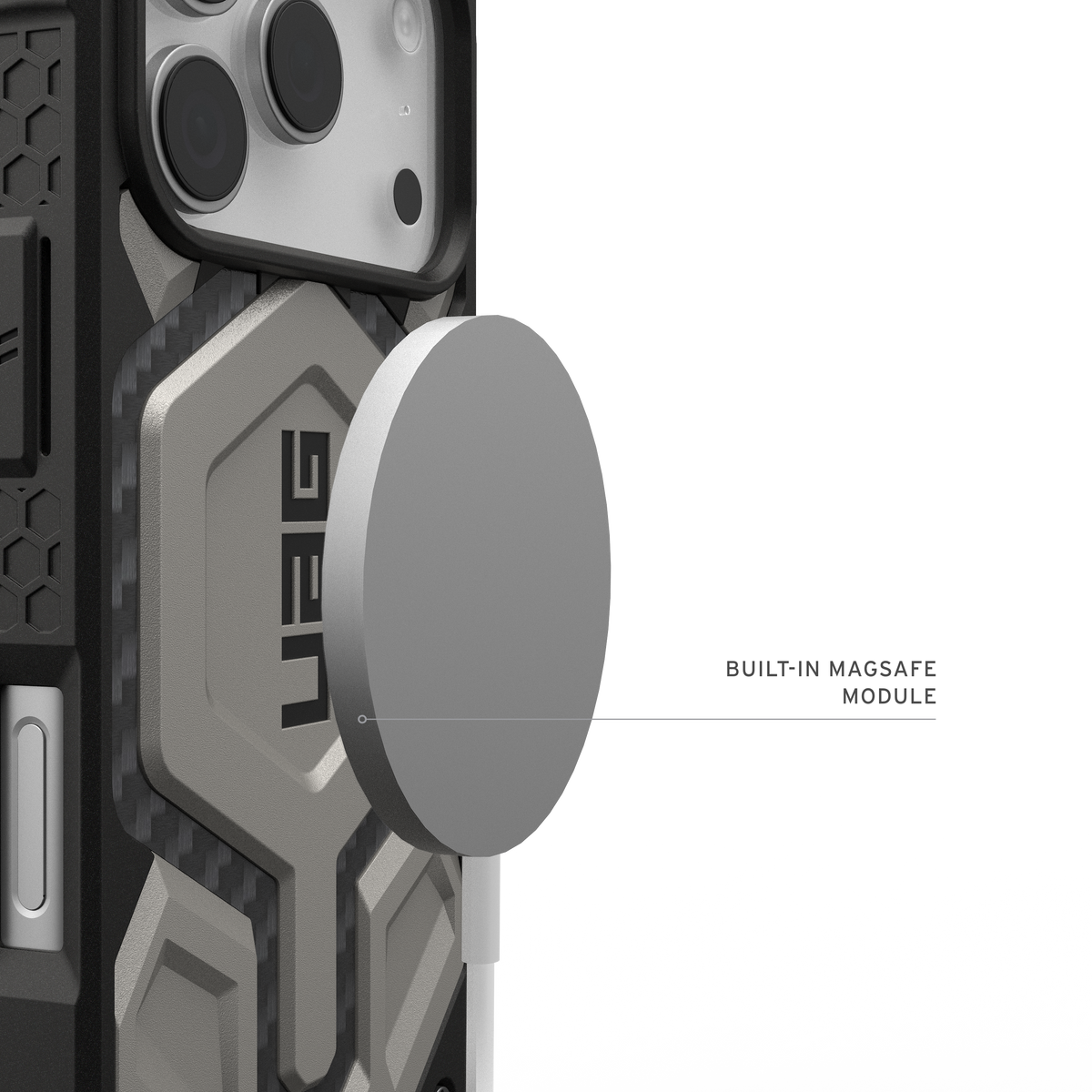 UAG Monarch Pro Titanium iPhone 17 Pro – modul MagSafe cu încărcător ilustrativ
