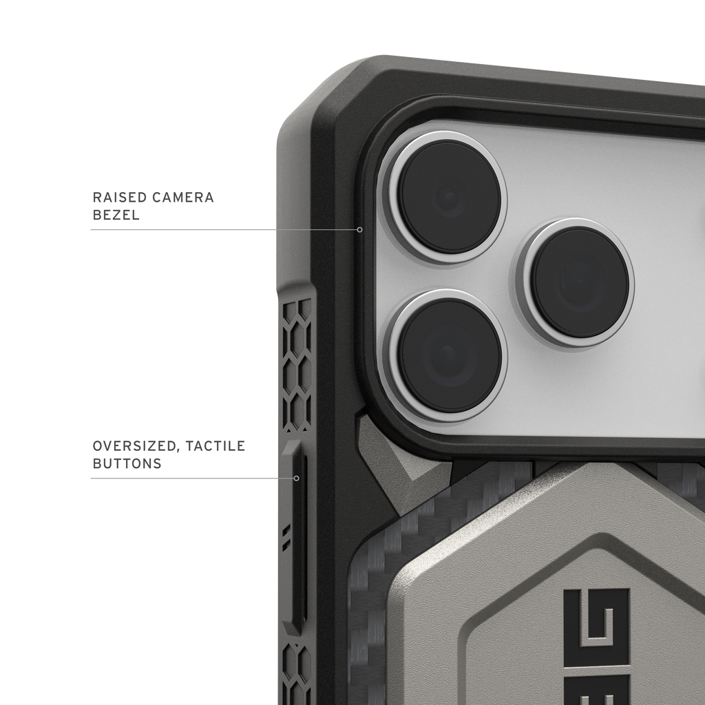 UAG Monarch Pro Titanium iPhone 17 Pro – contur ridicat al camerei și butoane