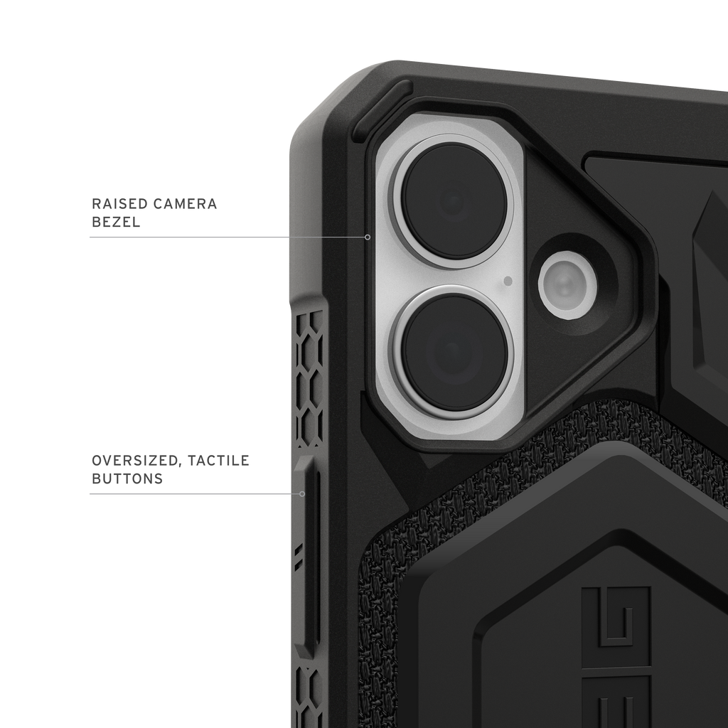 UAG Monarch Pro Kevlar Black iPhone 17 – contur ridicat pentru cameră și butoane