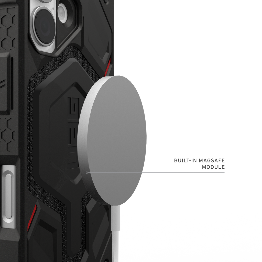 UAG Monarch Pro Kevlar Black iPhone 17 – modul MagSafe cu încărcător ilustrativ