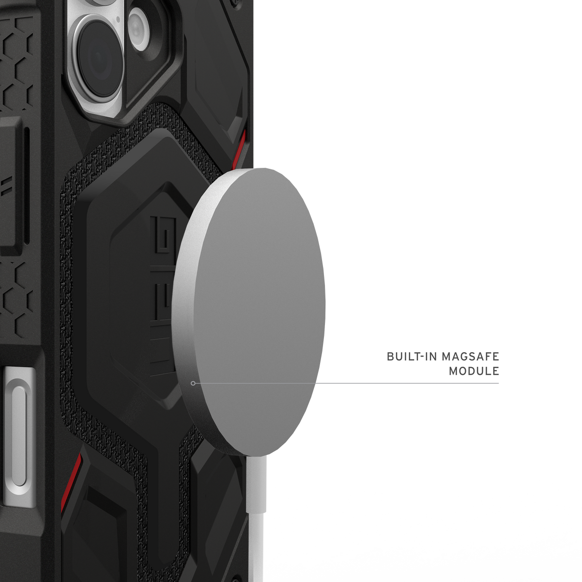 UAG Monarch Pro Kevlar Black iPhone 17 – modul MagSafe cu încărcător ilustrativ