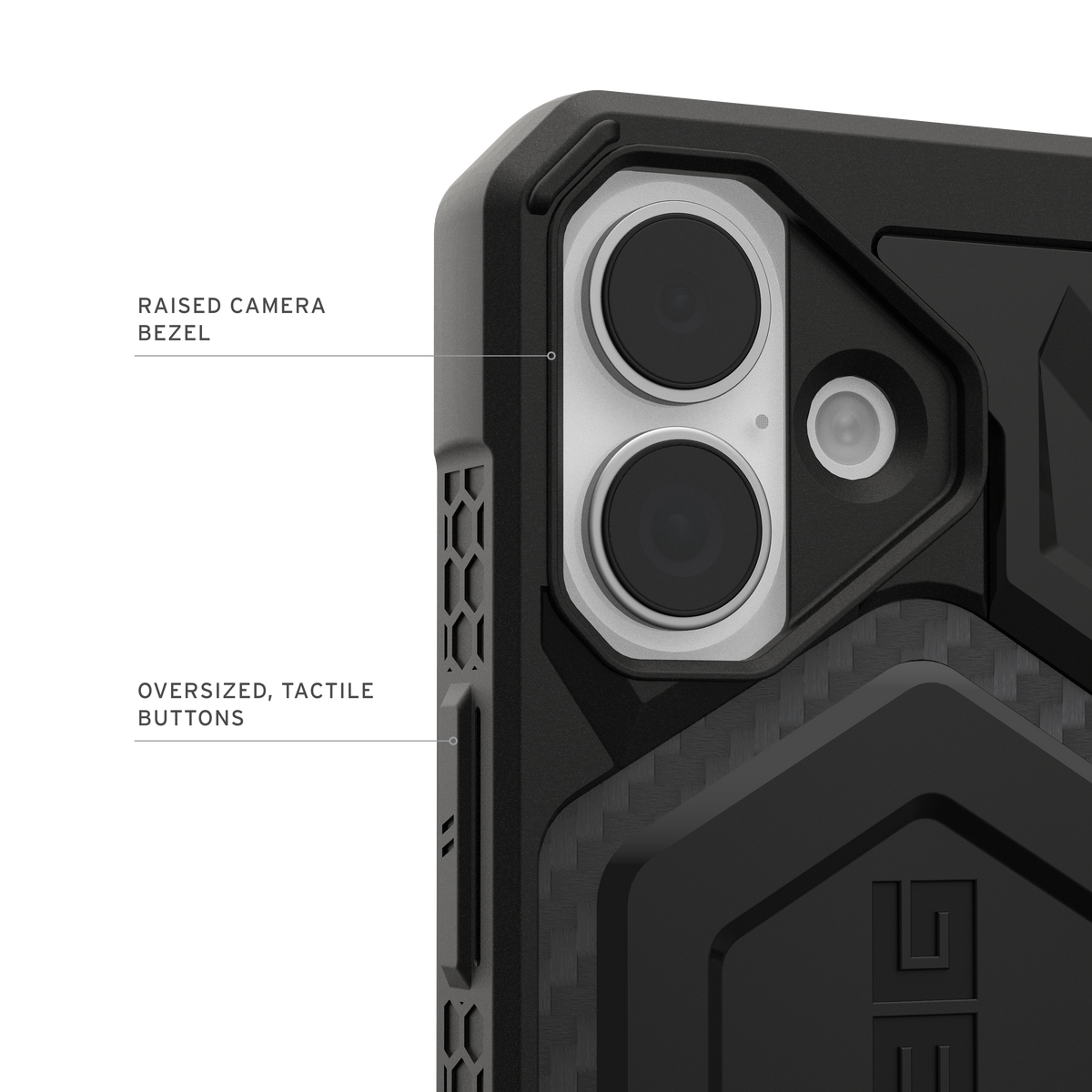 UAG Monarch Pro Carbon Fiber iPhone 17 – contur ridicat pentru cameră și butoane