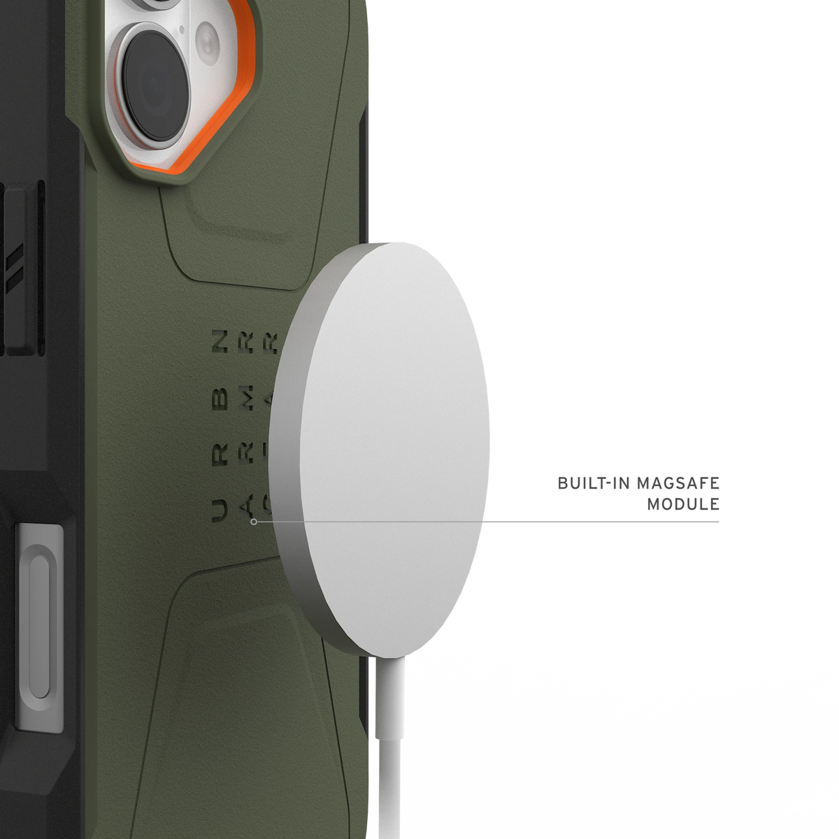 UAG Civilian Olive/Orange – modul MagSafe, încărcător ilustrativ