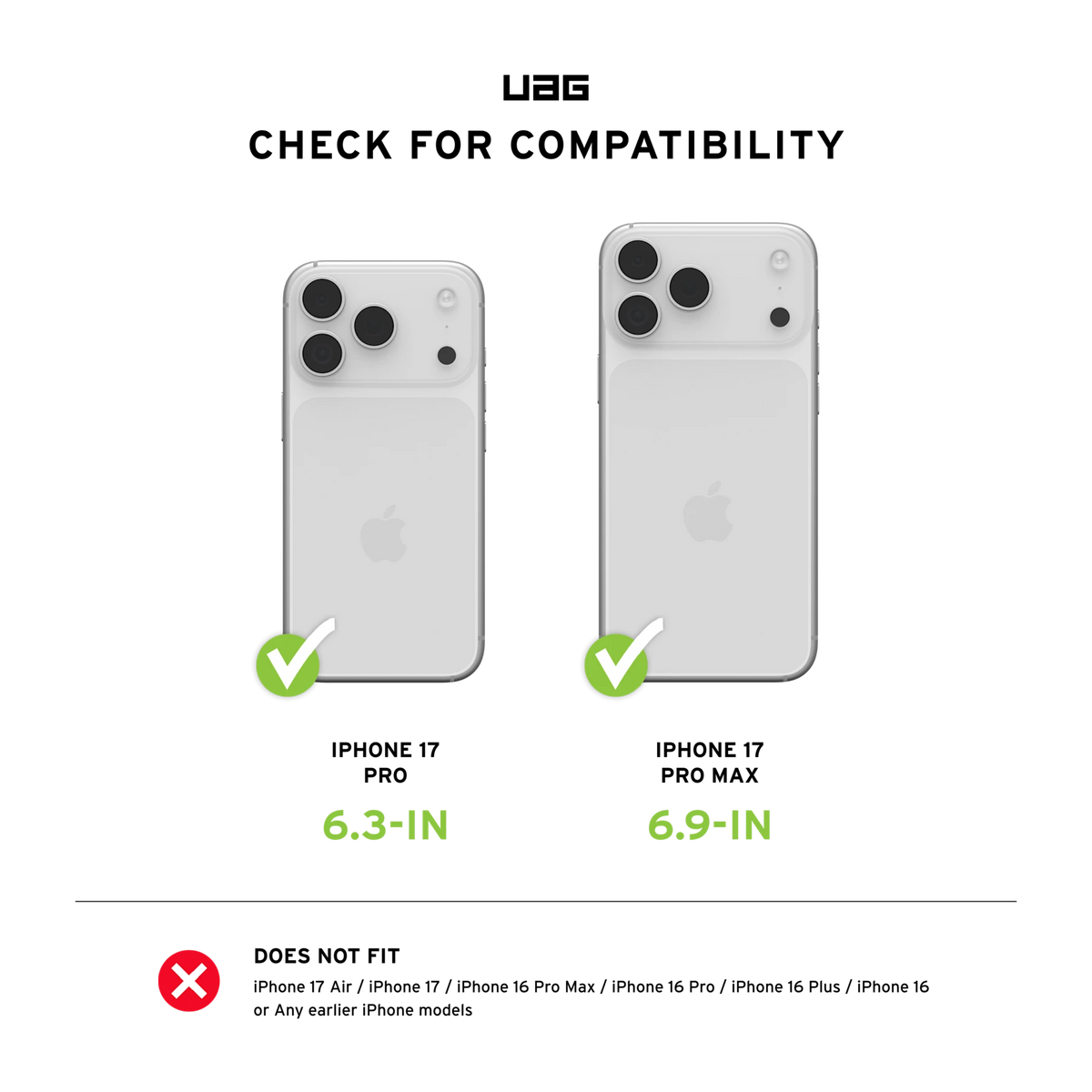 Diagramă UAG Lens Shield – compatibilitate iPhone 17 Pro și iPhone 17 Pro Max
