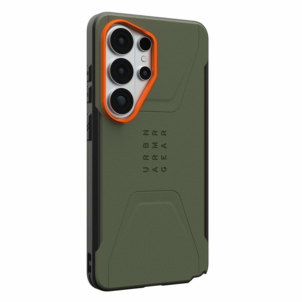 UAG Civilian Olive/Orange Galaxy S26 Ultra – vedere oblică dinspre butoane
