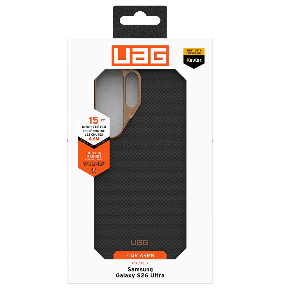Ambalaj UAG Fibr Armr Black / Bronze pentru Galaxy S26 Ultra – Kevlar, MagSafe și testare 15 ft