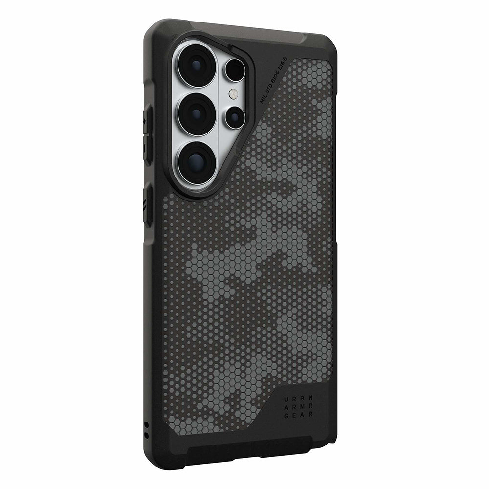 UAG Metropolis LT Micro Hex Camo Graphite Galaxy S26 Ultra – vedere oblică dinspre butoane