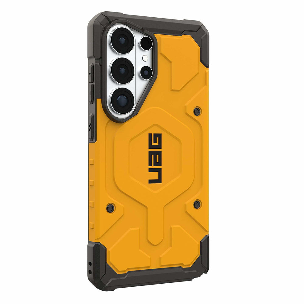 UAG Pathfinder Heritage Yellow Galaxy S26 Ultra – vedere oblică dinspre butoane