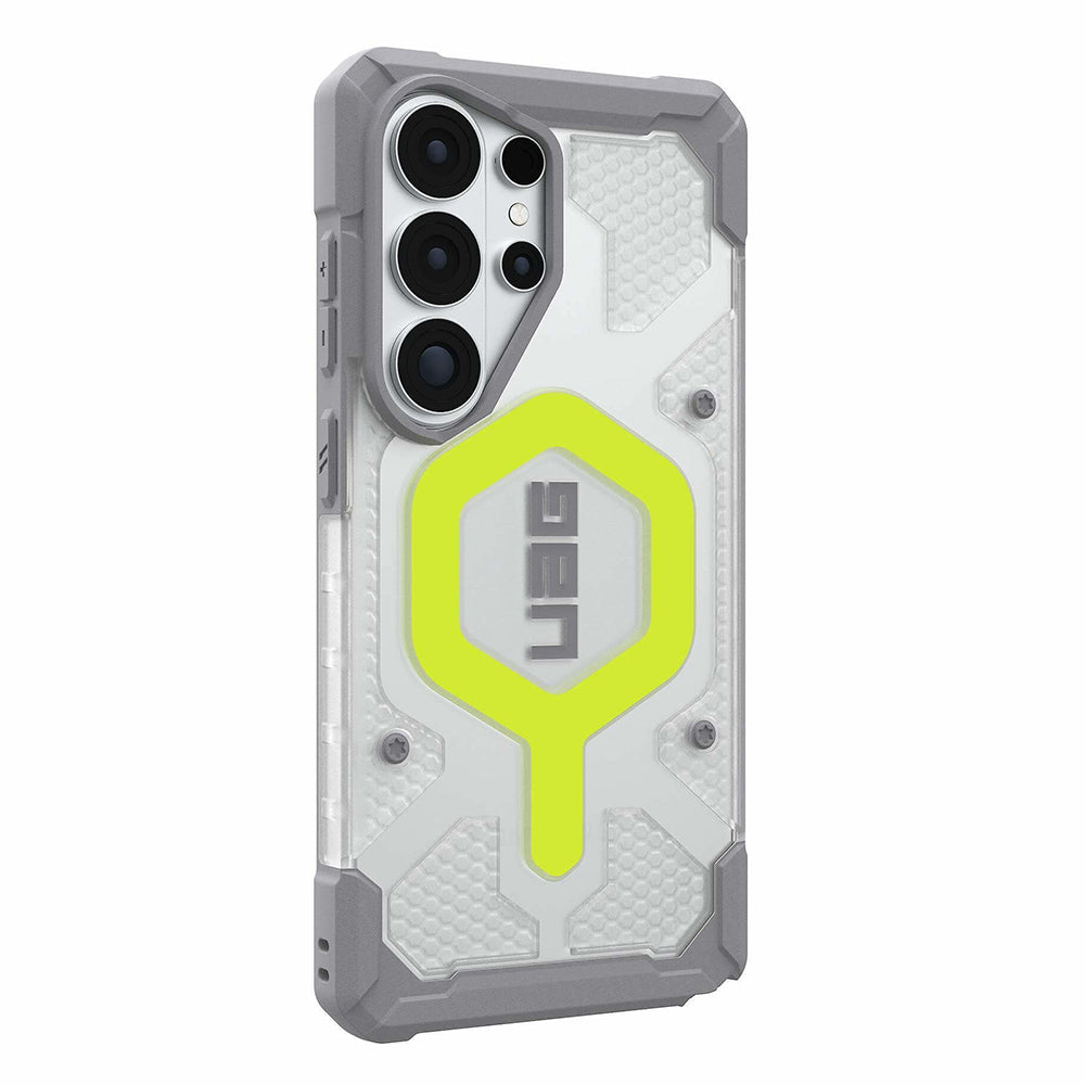 UAG Pathfinder Clear Active Neon Galaxy S26 Ultra – vedere oblică dinspre butoane