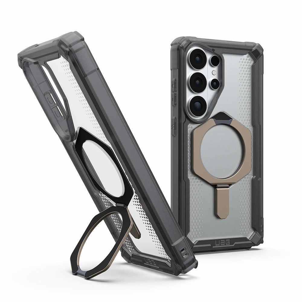 UAG Plasma XTE Ash/Titanium Galaxy S26 Ultra – interior cu suport deschis și vedere din spate