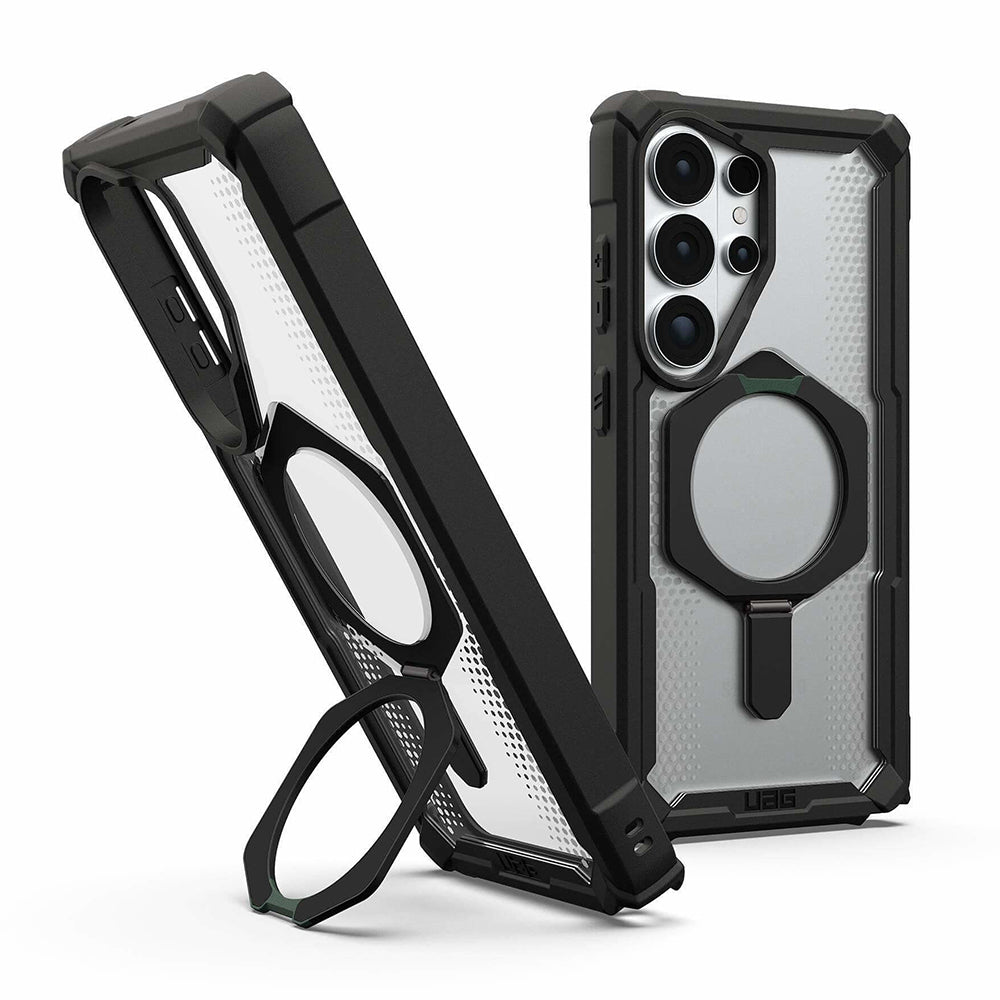 UAG Plasma XTE Black/Clear Galaxy S26 Ultra – interior cu suport deschis și vedere din spate