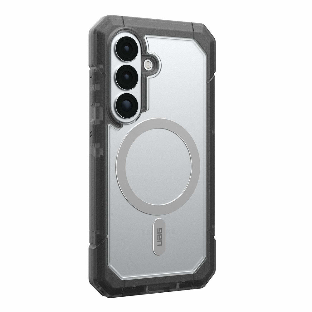 UAG Trooper Clear/Ash Galaxy S26 – vedere oblică dinspre butoane