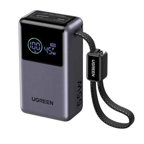 Baterie externă Ugreen PB727 gri, cu afișaj frontal și cablu USB-C integrat